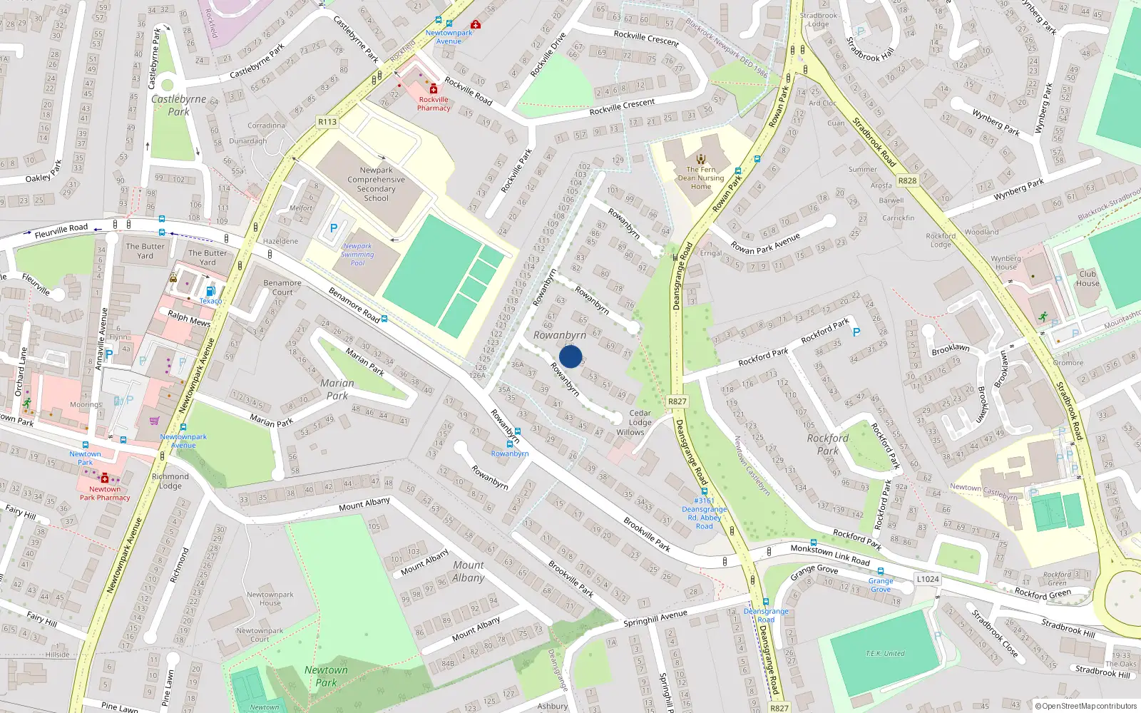 Overhead map showing the location of 56 Rowanbyrn, Blackrock, Dublin