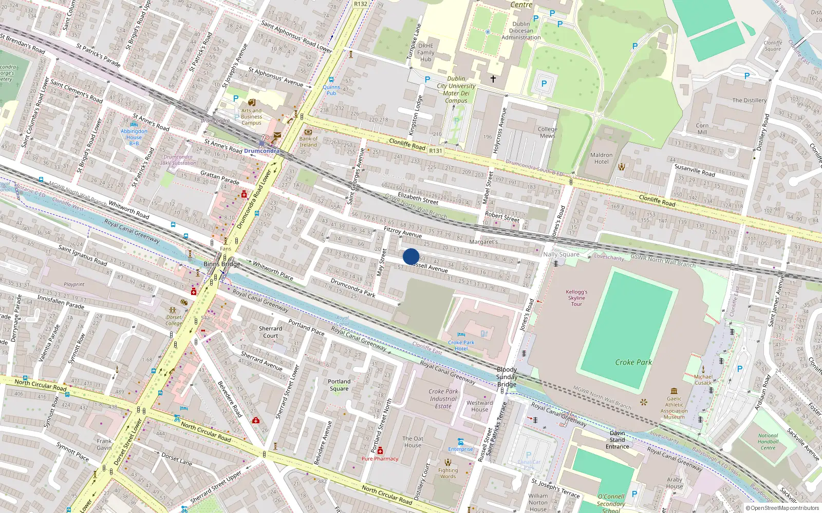 Overhead map showing the location of 56 Russell Avenue, Drumcondra, Dublin 3