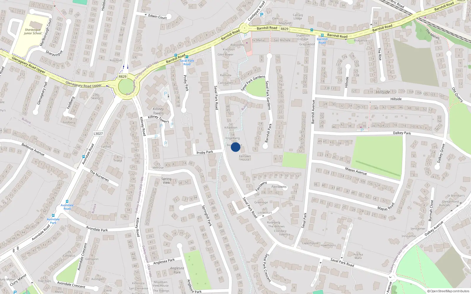 Overhead map showing the location of 56 Saval Park Road, Dalkey