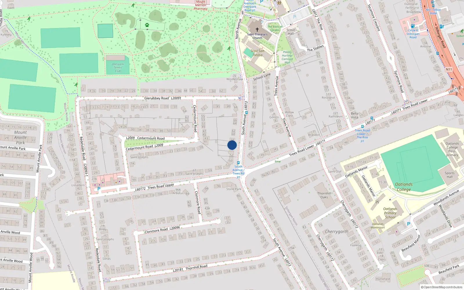 Overhead map showing the location of 56 South Avenue, Mount Merrion, Dublin