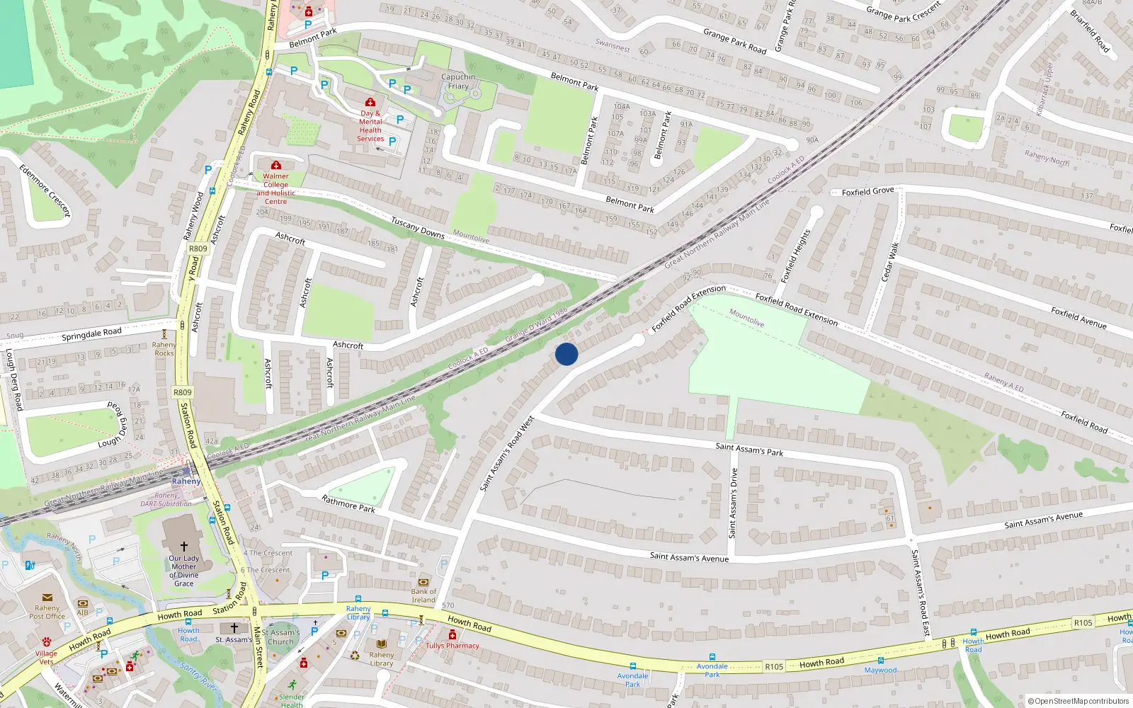 Overhead map showing the location of 56 St Assams Road West, Raheny, Dublin 5