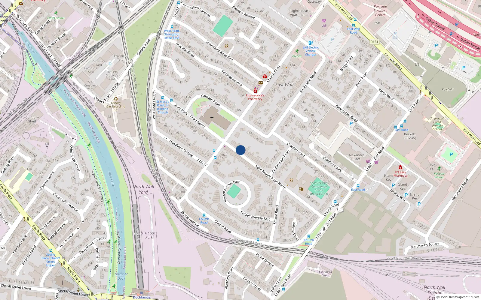 Overhead map showing the location of 56 St Marys Road, East Wall, Dublin 3