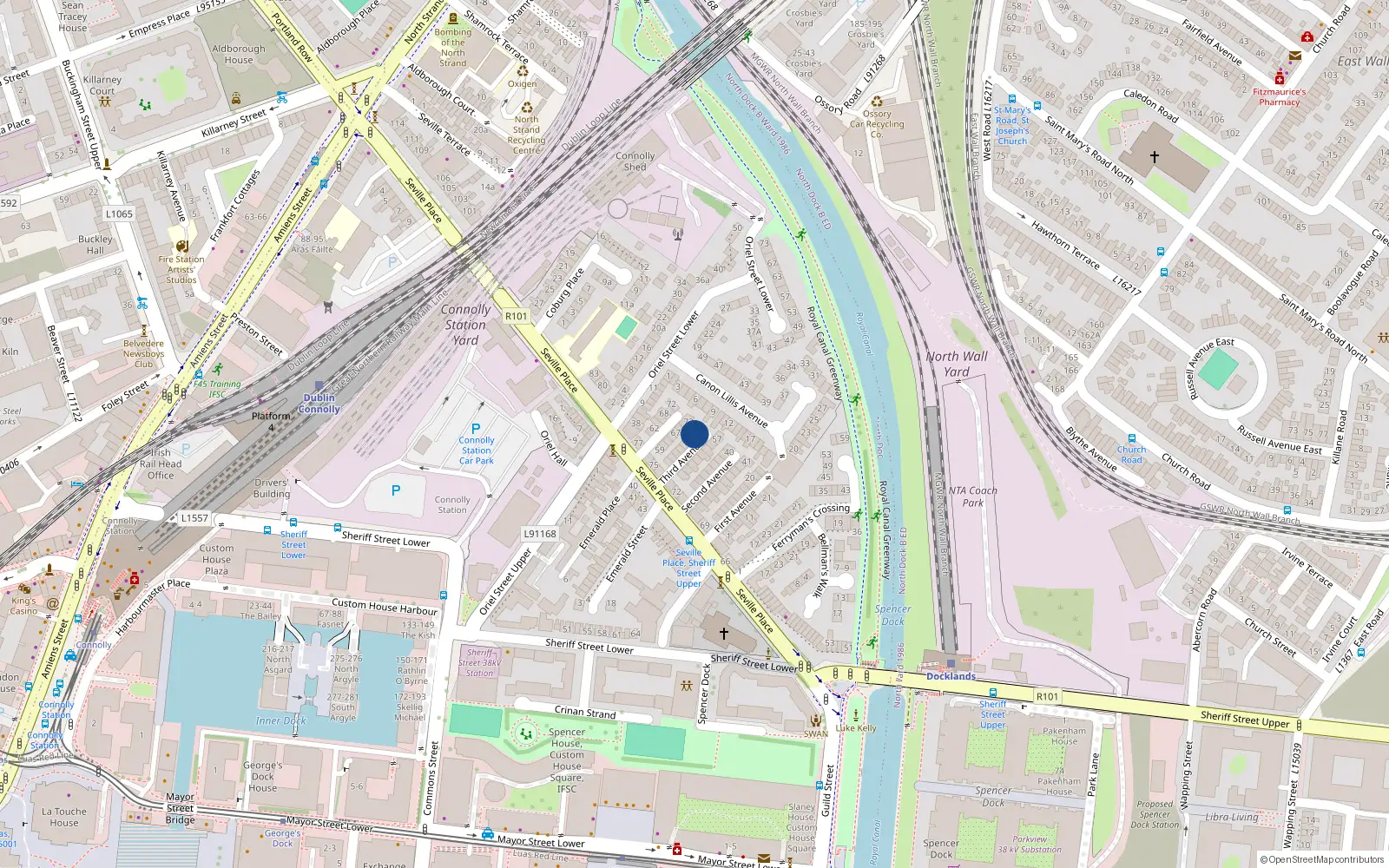 Overhead map showing the location of 56 Third Avenue Seville Place, Dublin 1, Dublin