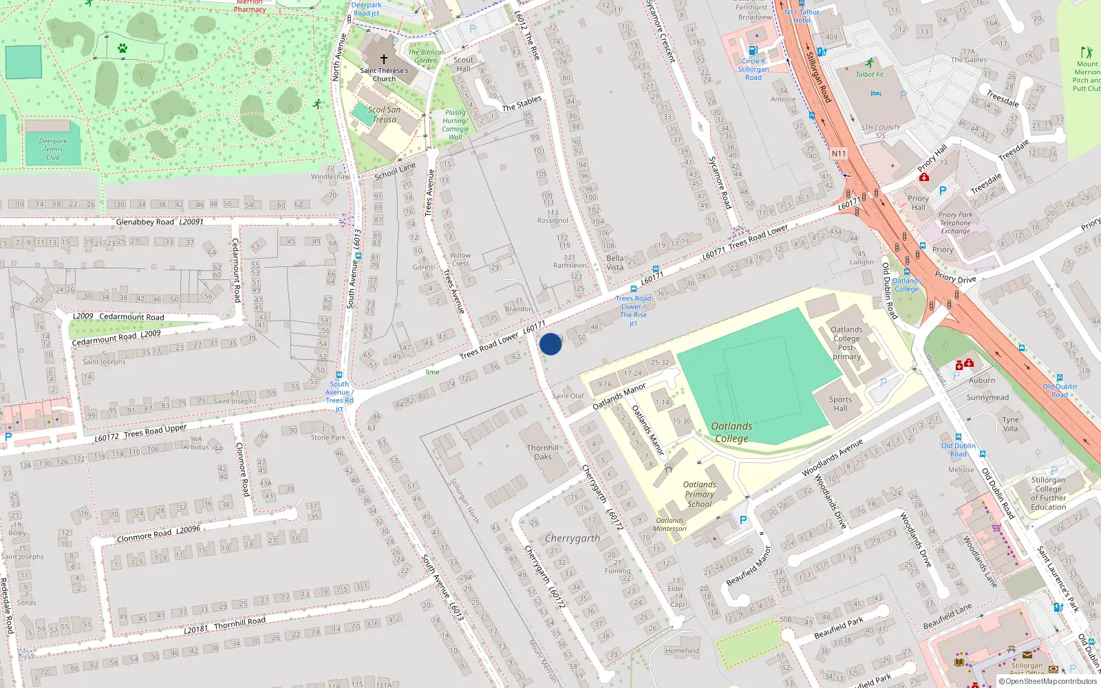 Overhead map showing the location of 56 Trees Road, Mount Merrion, Blackrock