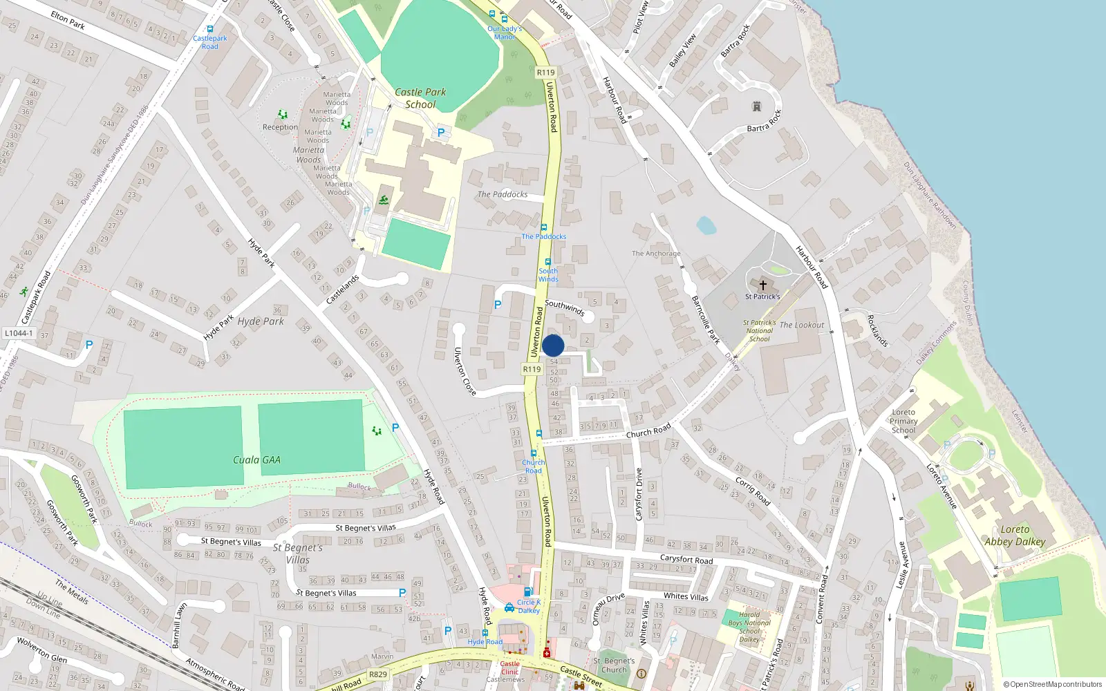 Overhead map showing the location of 56 Ulverton Road, Dalkey