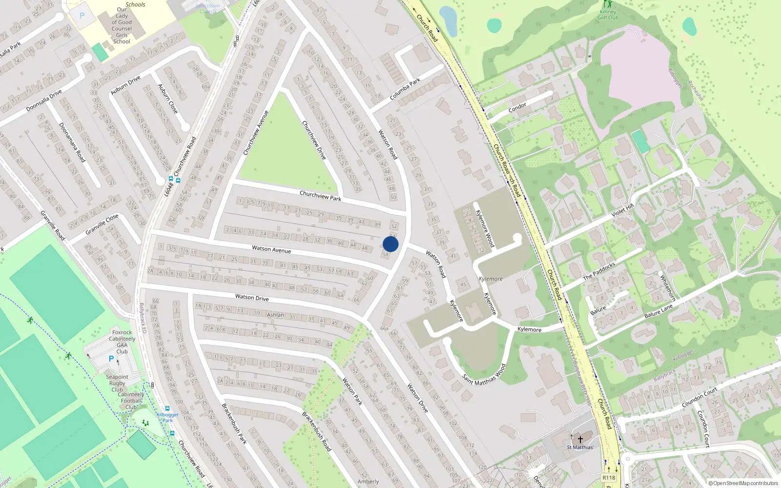 Overhead map showing the location of 56 Watson Road, Killiney