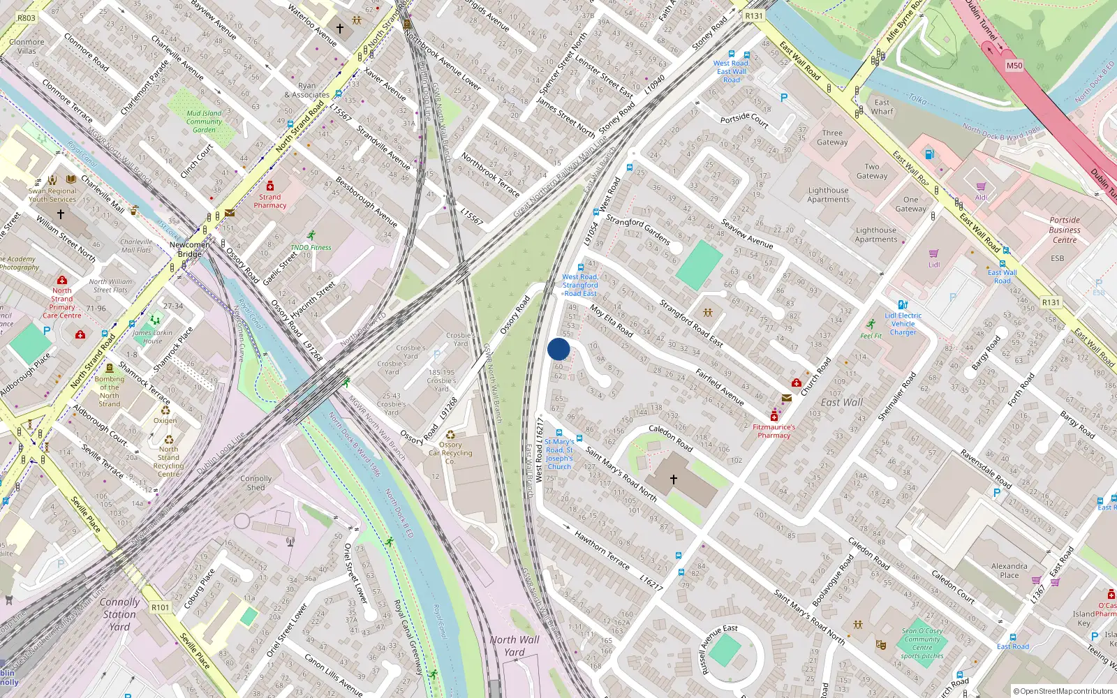 Overhead map showing the location of 56 West Road, East Wall, Dublin 3