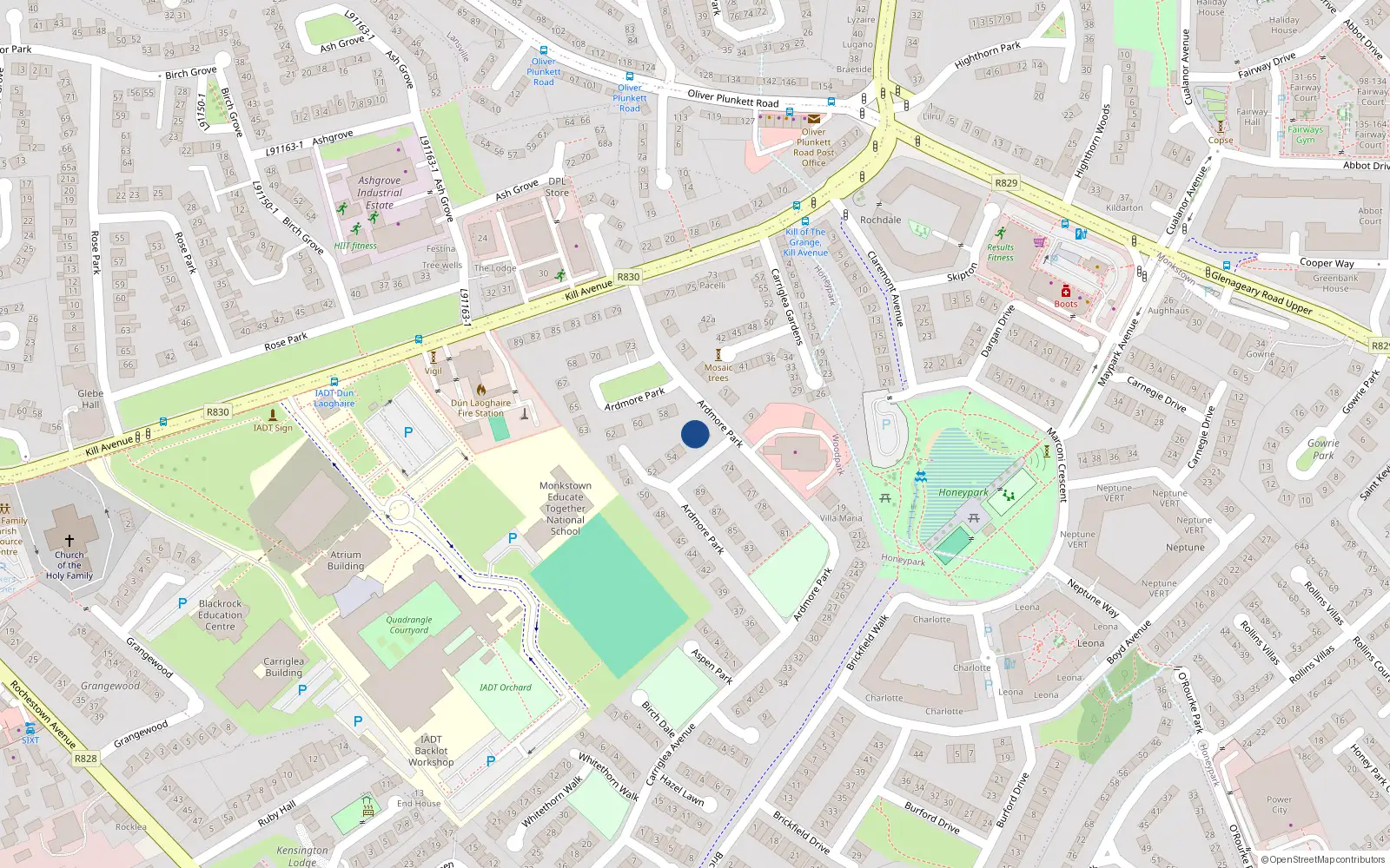 Overhead map showing the location of 56A Avalon, Ardmore Park, Dun Laoghaire