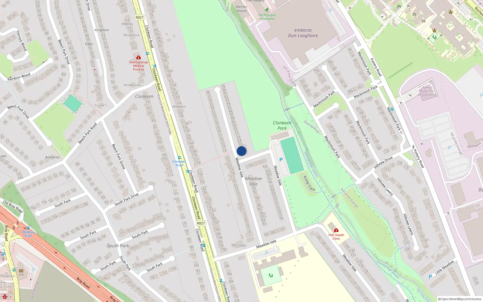 Overhead map showing the location of 56B Meadow Vale, Blackrock