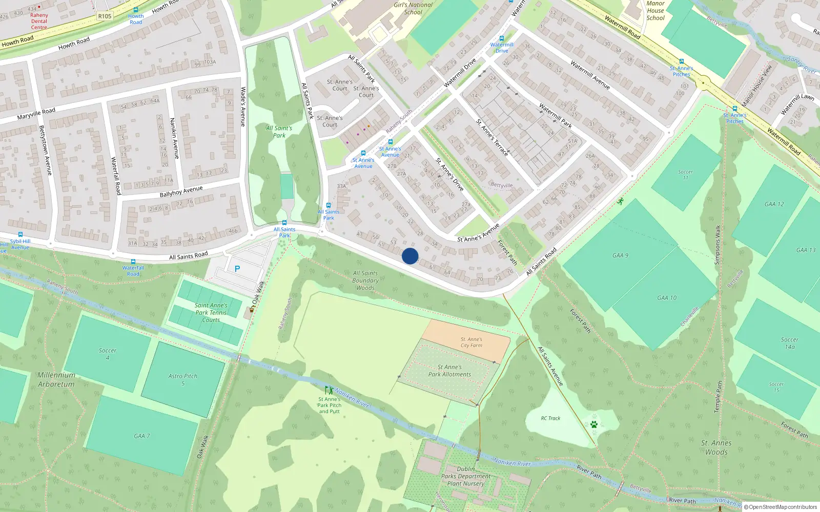 Overhead map showing the location of 57 All Saints Road, Dublin 5