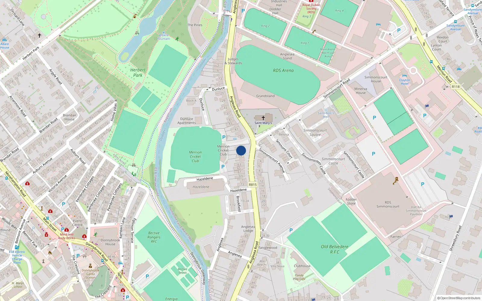 Overhead map showing the location of 57 Anglesea Road, Ballsbridge