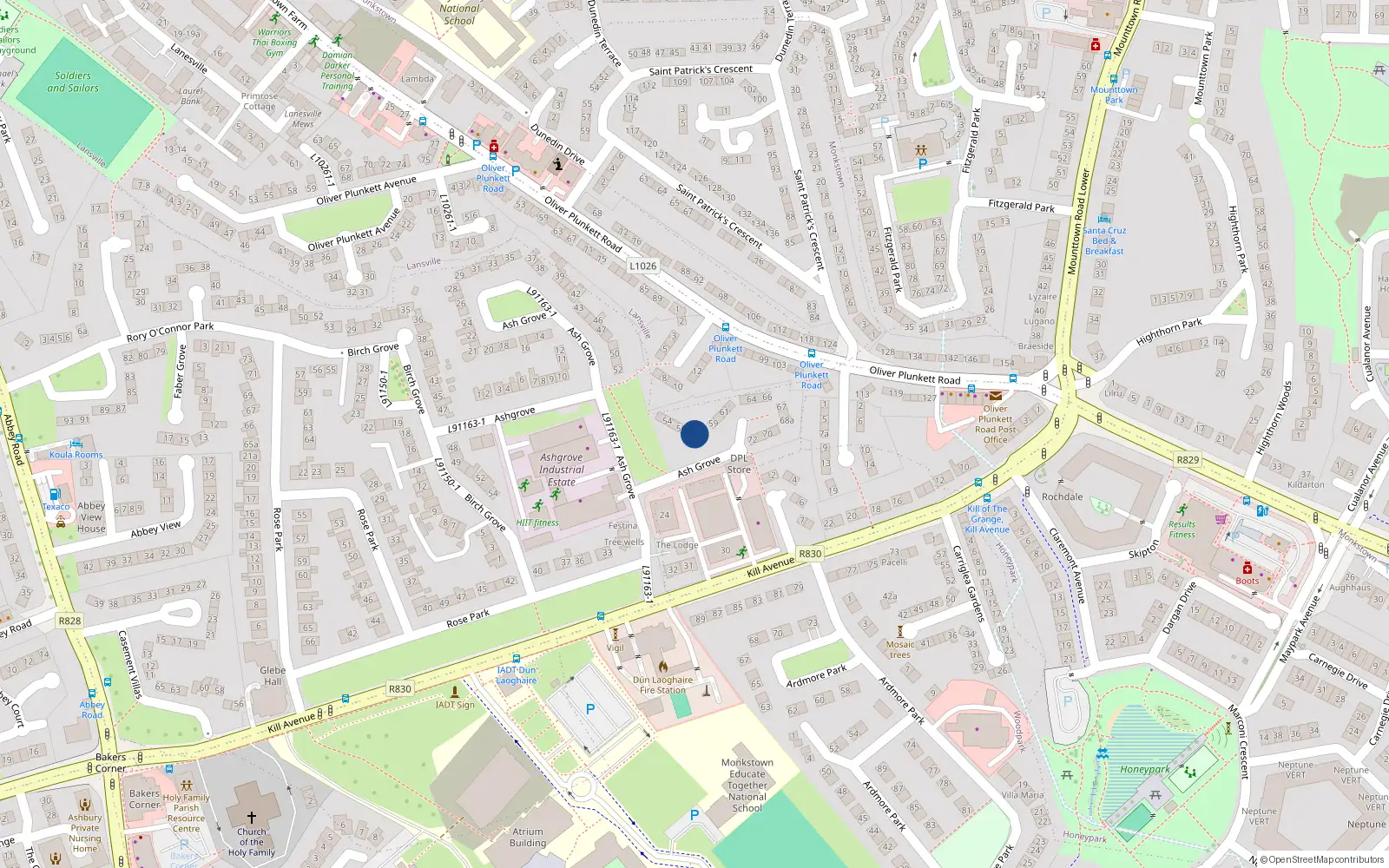 Overhead map showing the location of 57 Ashgrove, Dun Laoghaire