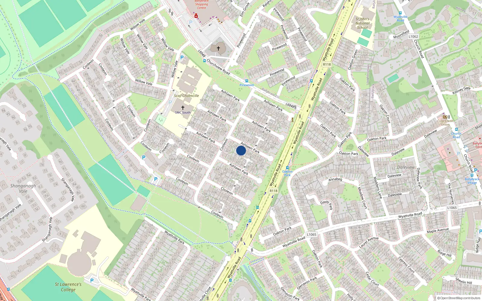 Overhead map showing the location of 57 Ashlawn Park, Dun Laoghaire