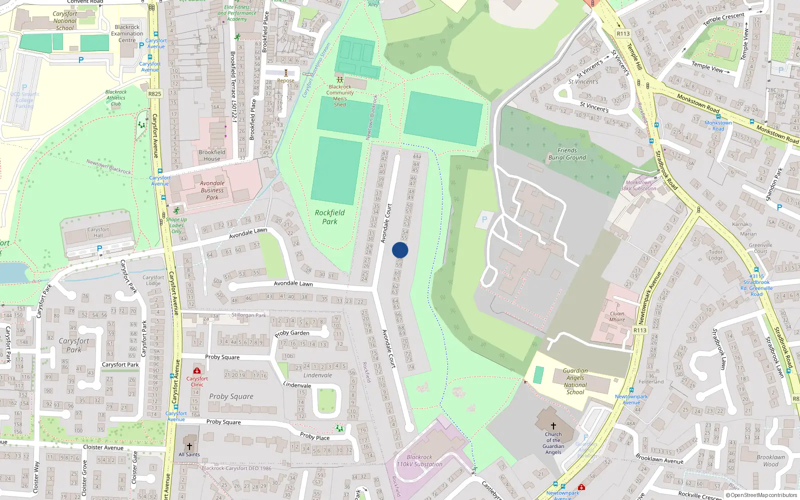 Overhead map showing the location of 57 Avondale Court, Blackrock