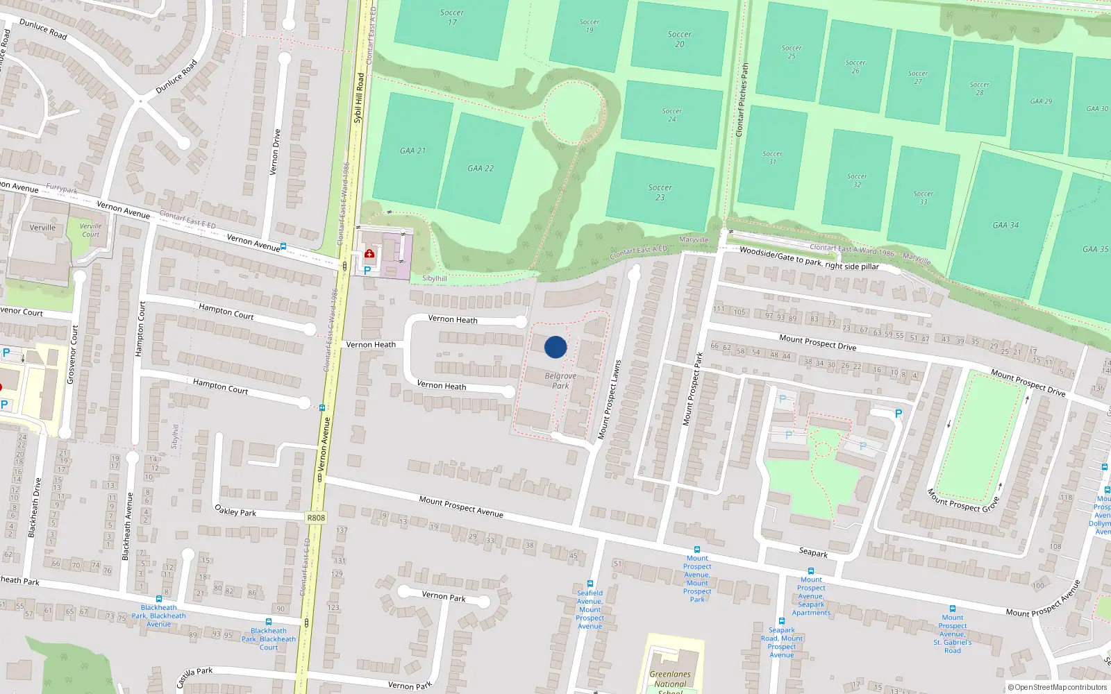 Overhead map showing the location of 57 Belgrove Park, Mount Prospect Lawns, Mount Prospect Avenue Clontarf