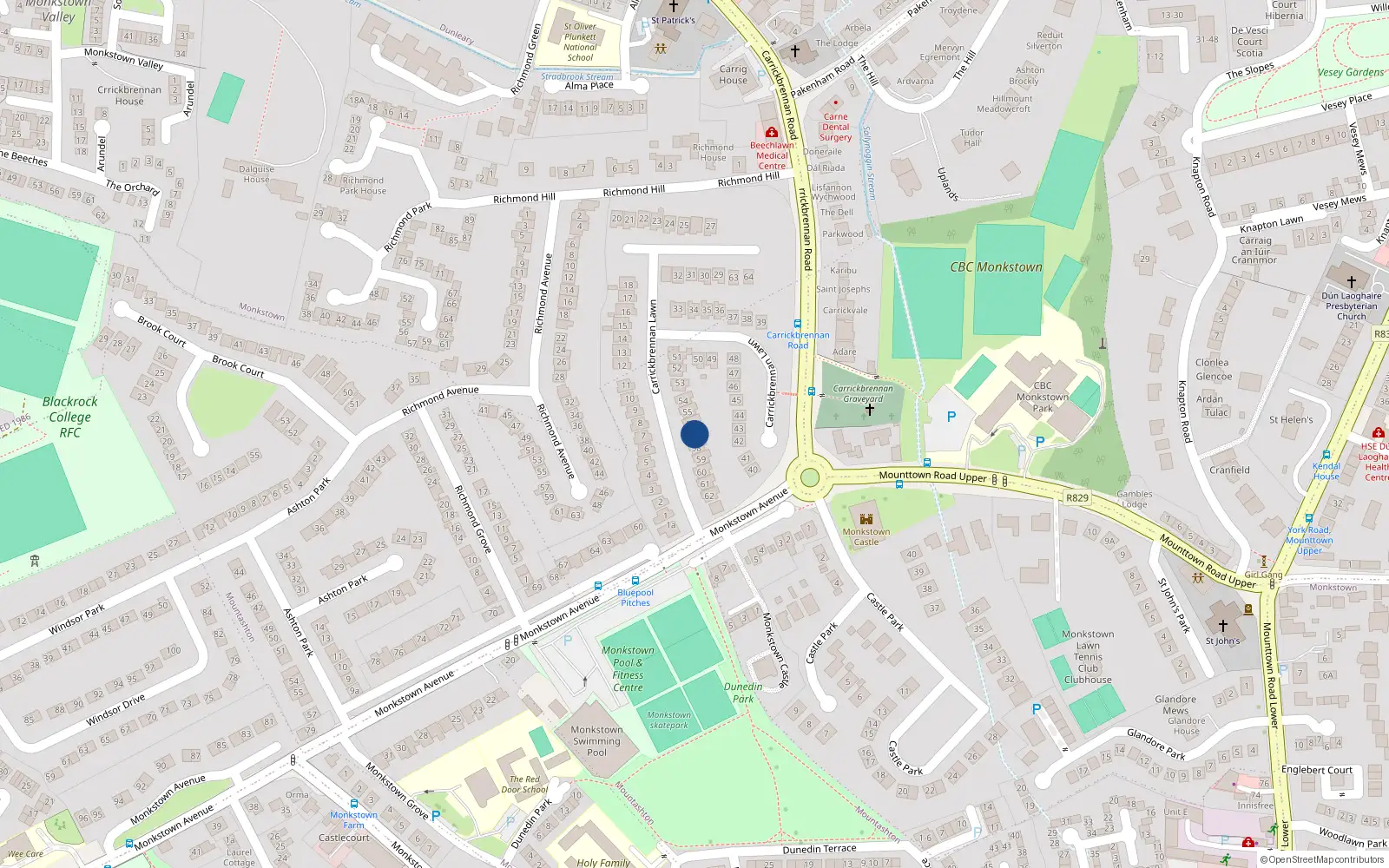 Overhead map showing the location of 57 Carrickbrennan Lawn, Monkstown