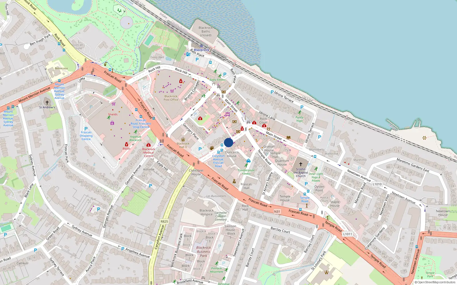 Overhead map showing the location of 57 Carysfort Avenue, Newtown Blackrock