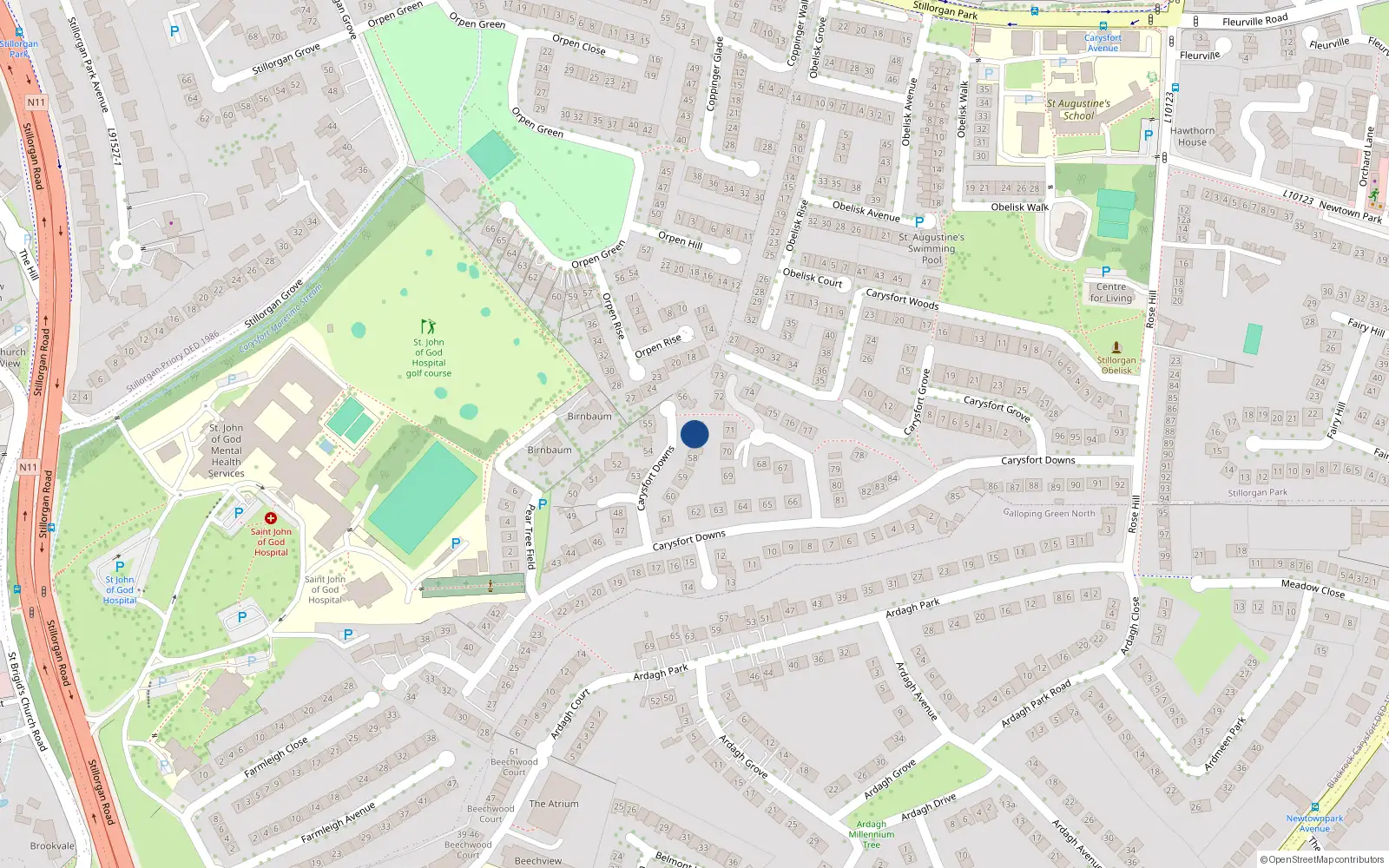 Overhead map showing the location of 57 Carysfort Downs, Blackrock, Dublin