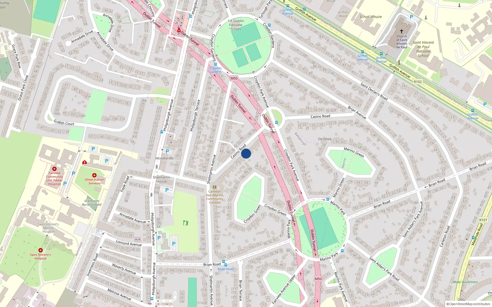 Overhead map showing the location of 57 Casino Road, Dublin 3