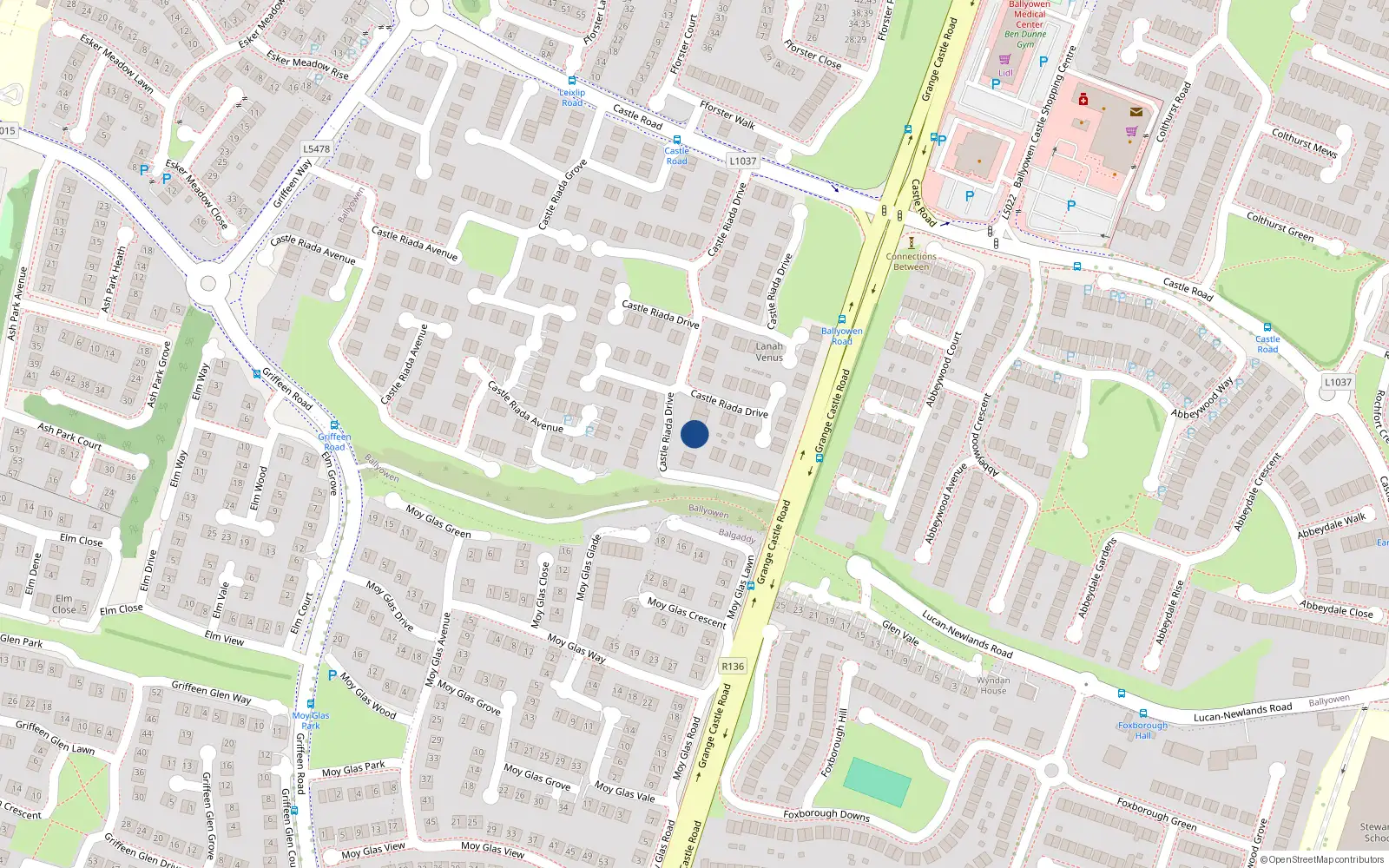 Overhead map showing the location of 57 Castle Riada Drive, Lucan, Co. Dublin