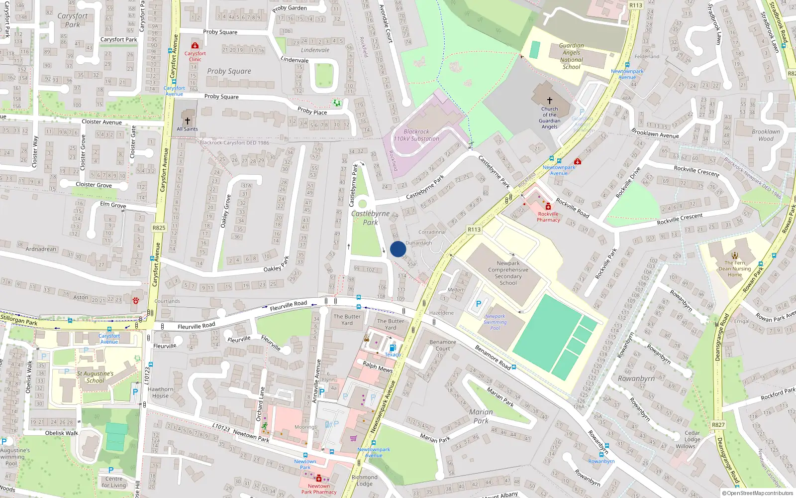 Overhead map showing the location of 57 Castlebyrne Park, Blackrock, Dublin