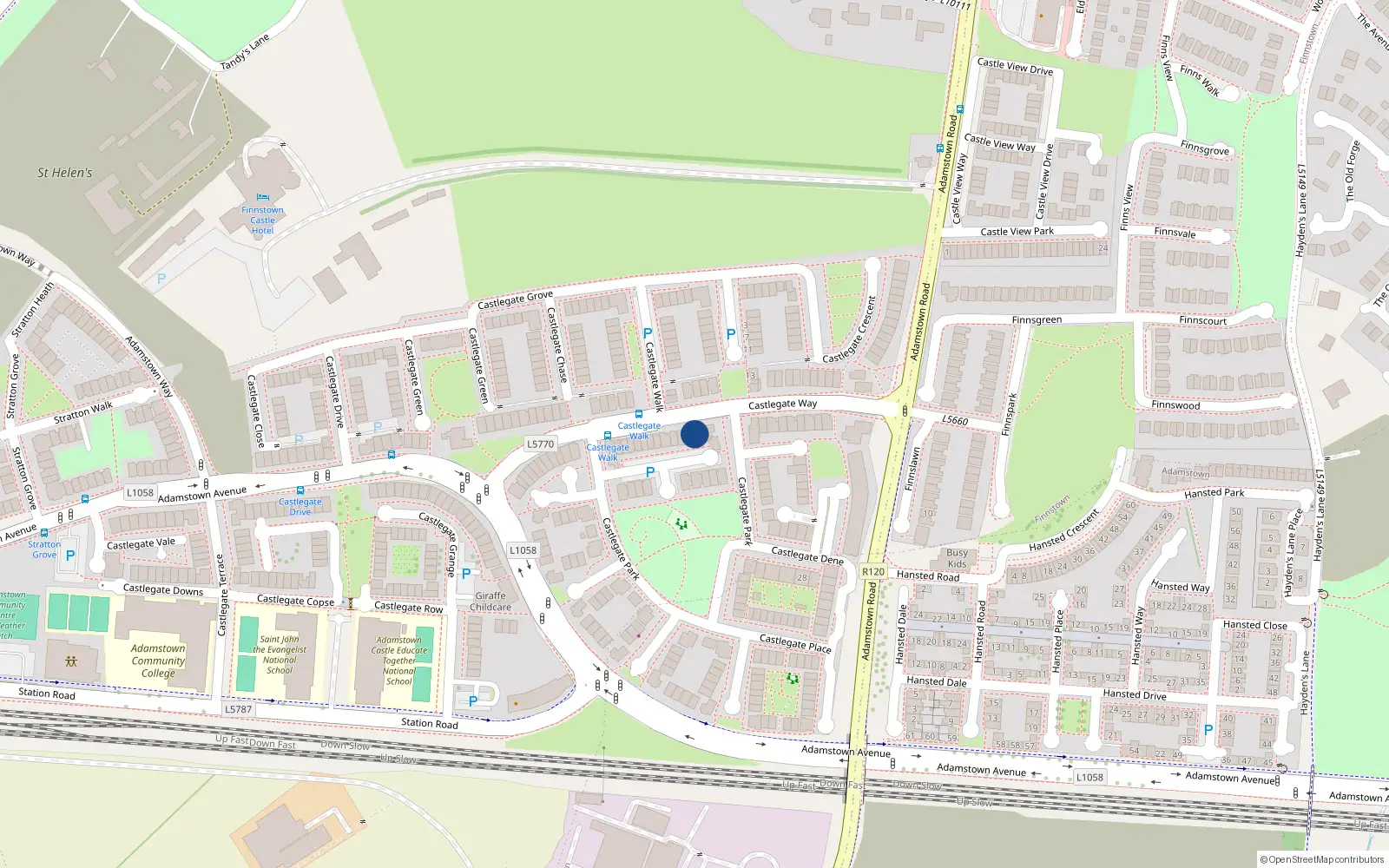 Overhead map showing the location of 57 Castlegate Way, Adamstown, Lucan