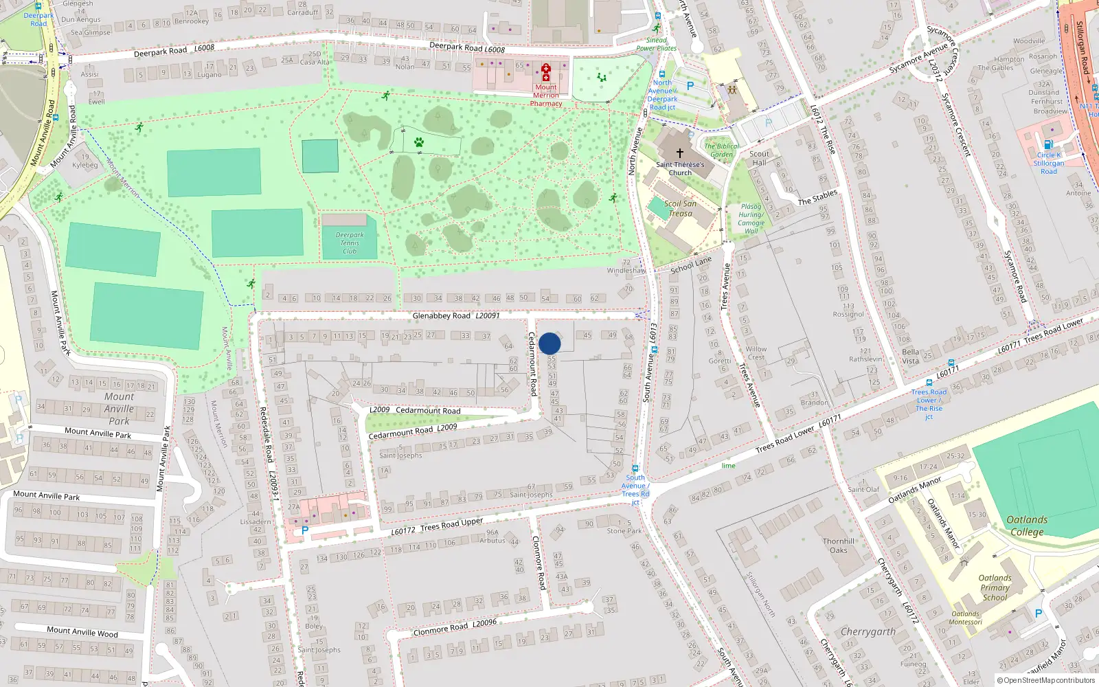 Overhead map showing the location of 57 Cedarmount Road, Blackrock
