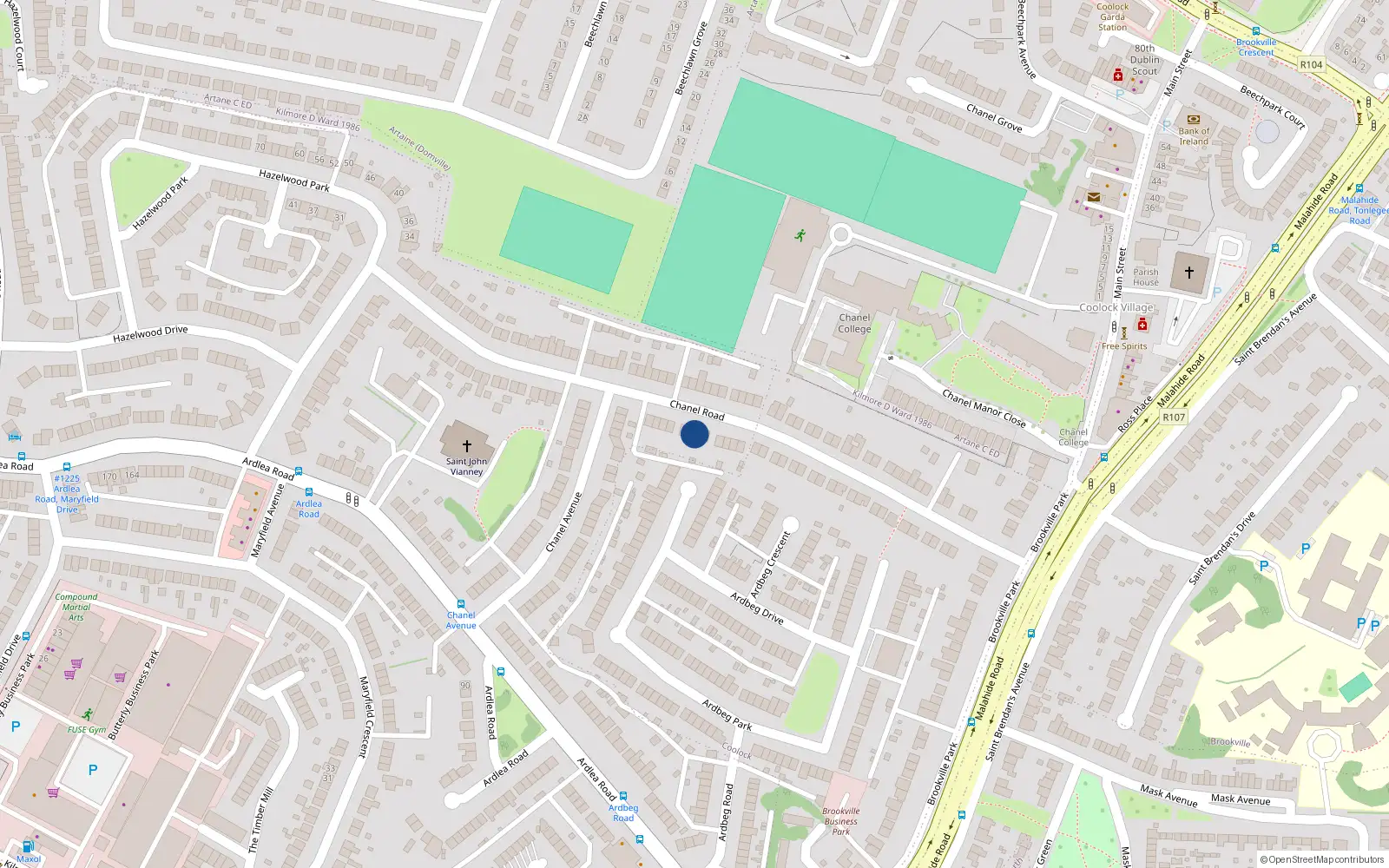 Overhead map showing the location of 57 Chanel Road, Artane, Dublin 5