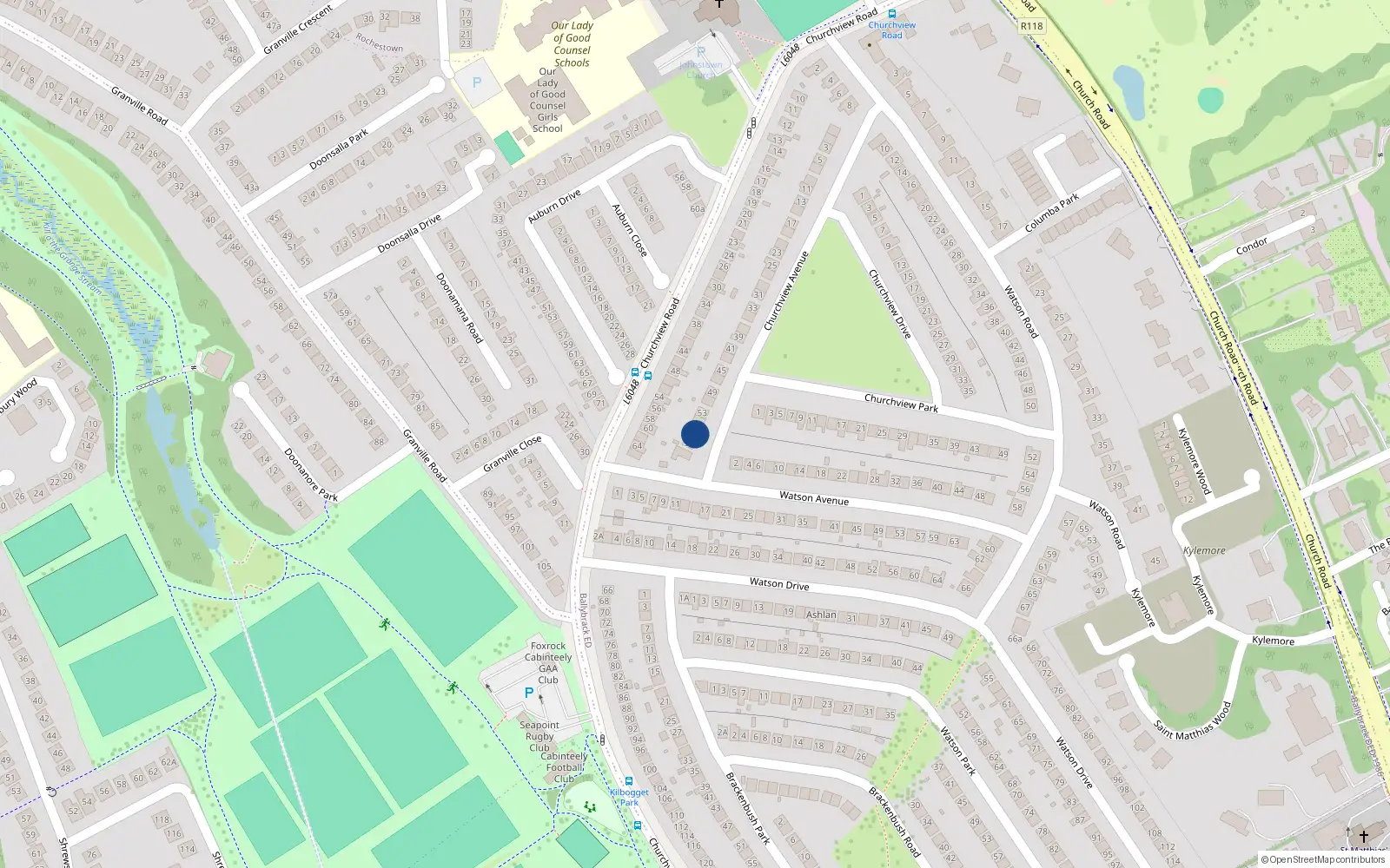 Overhead map showing the location of 57 Churchview Avenue, Killiney