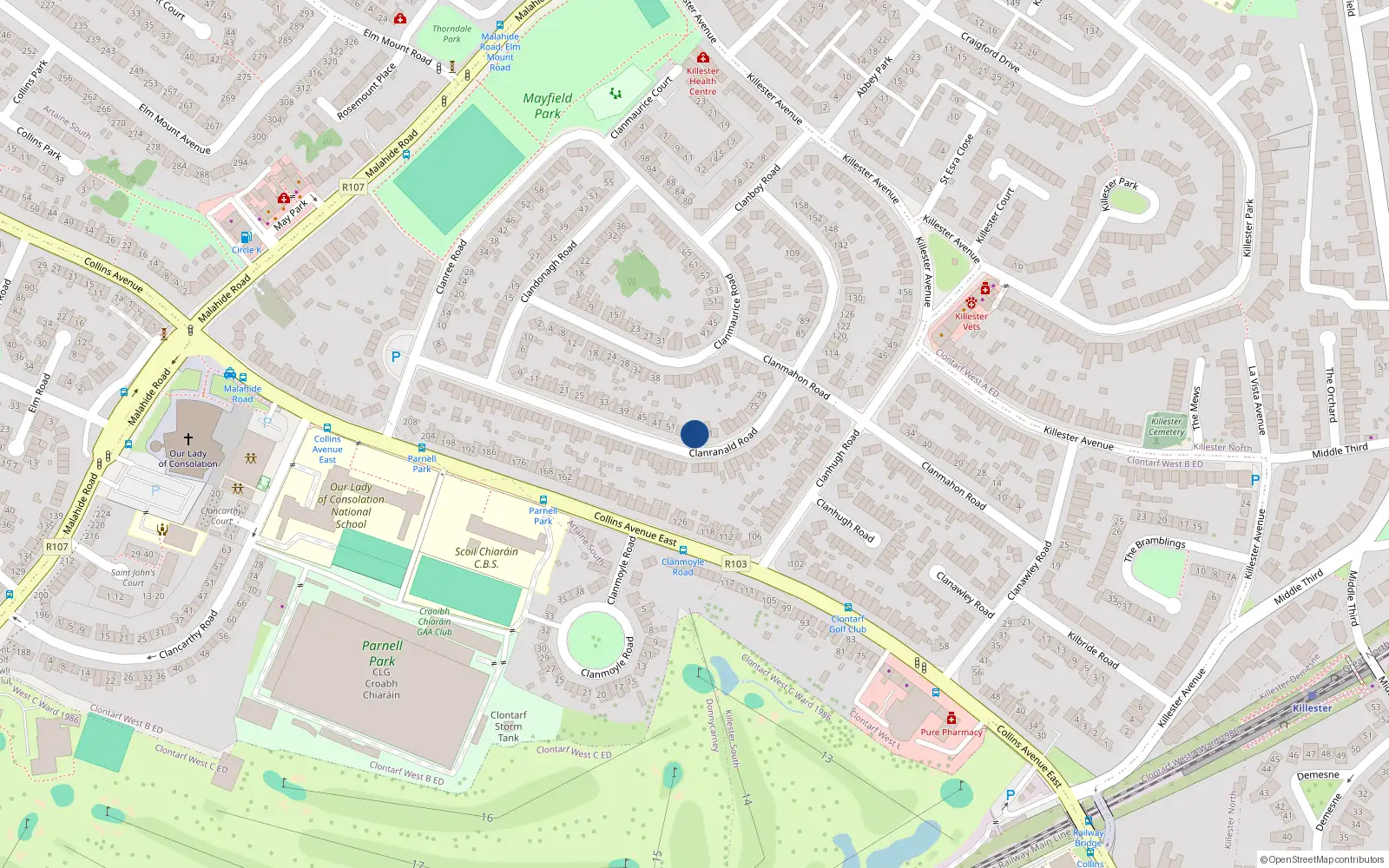 Overhead map showing the location of 57 Clanranald Road, Donnycarney, Dublin 5