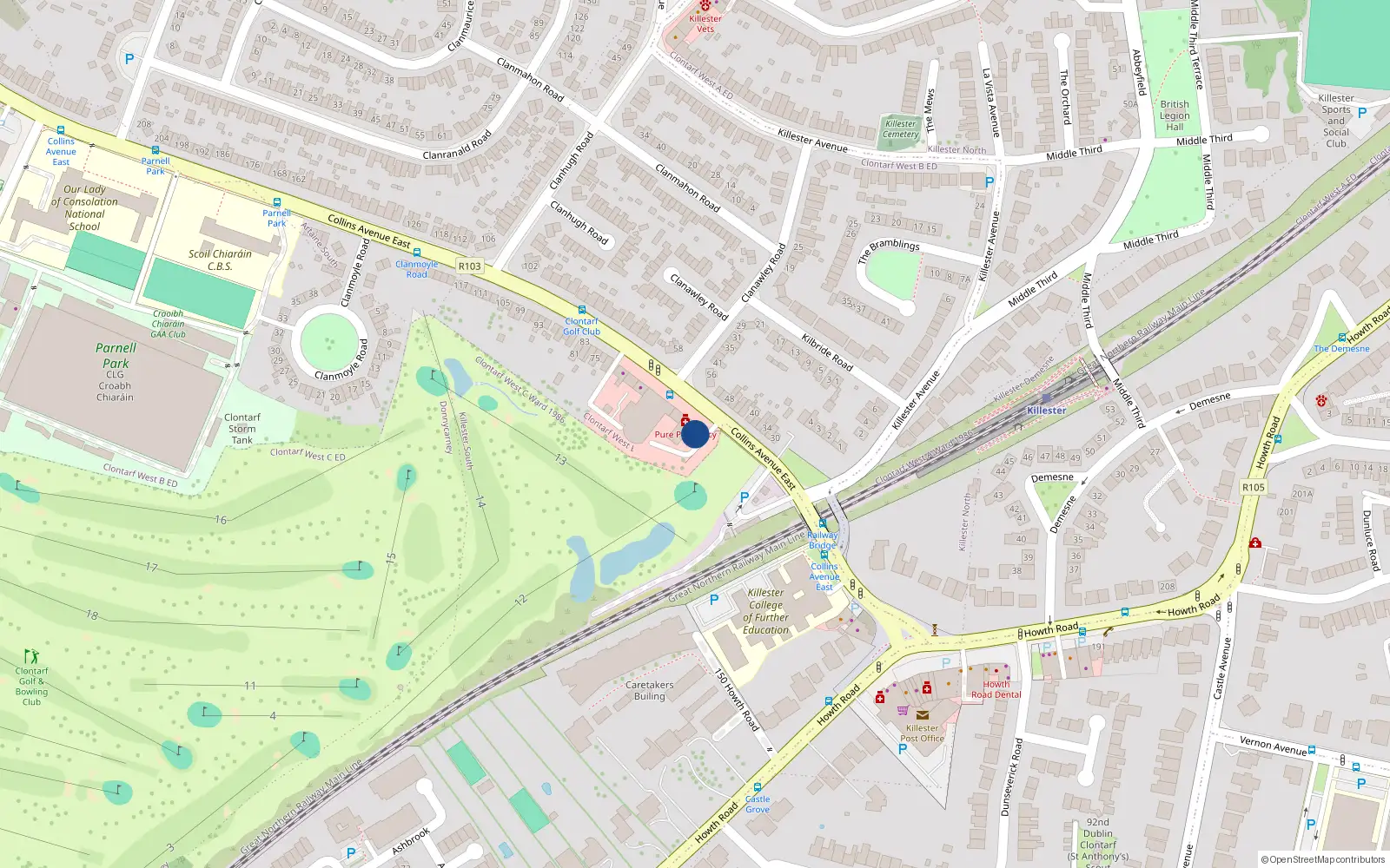 Overhead map showing the location of 57 Collins Avenue East, Killester, Dublin 5