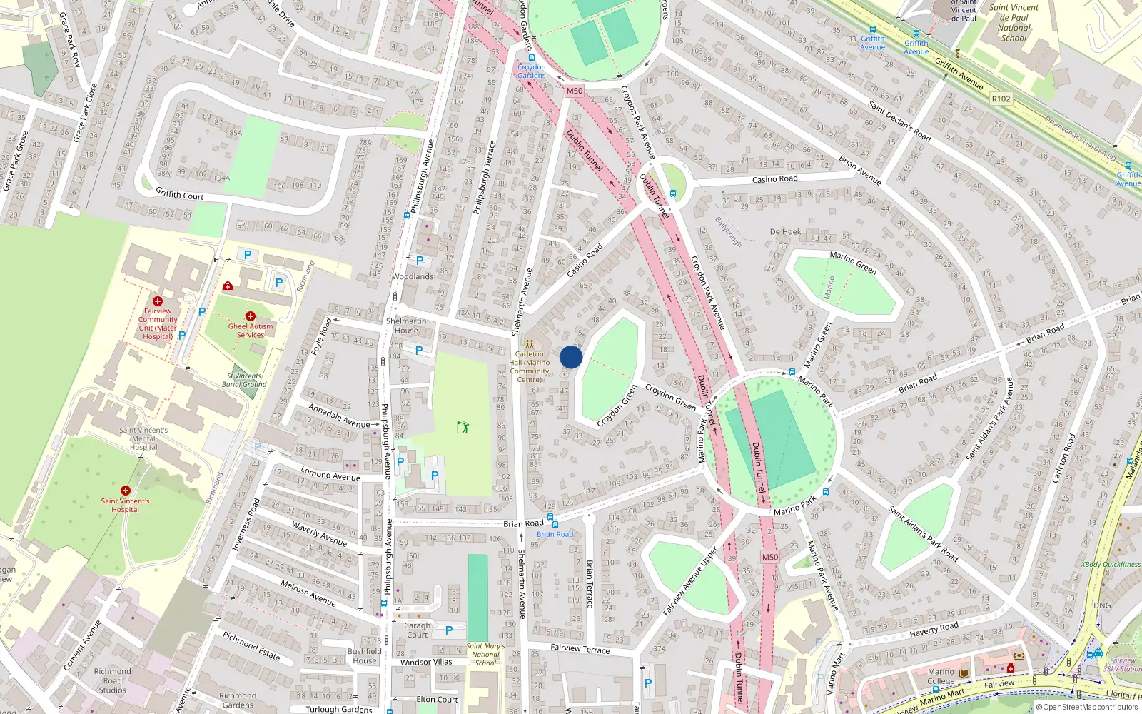 Overhead map showing the location of 57 Croydon Green, Marino, Dublin 3