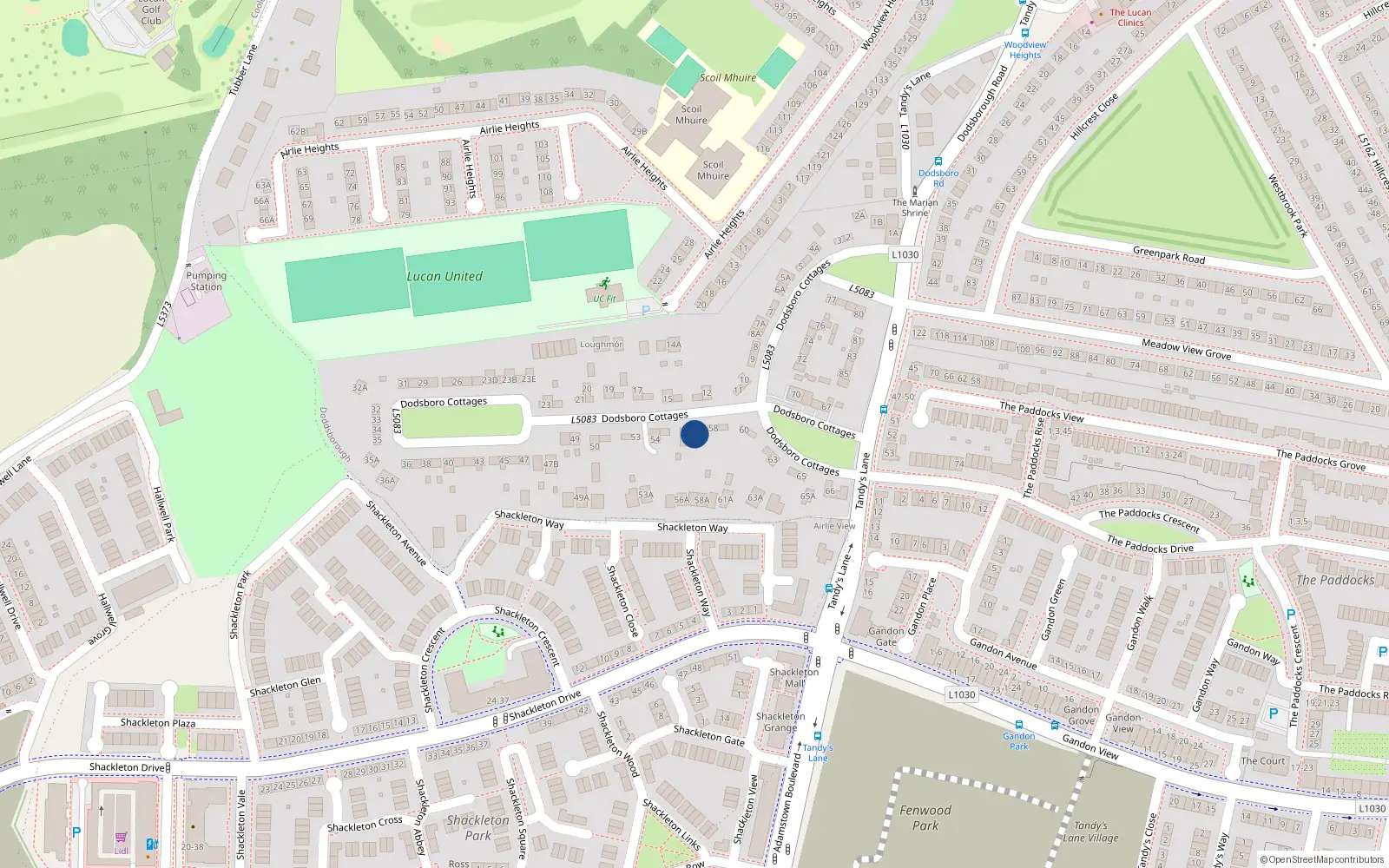 Overhead map showing the location of 57 Dodsborough Cottages, Lucan