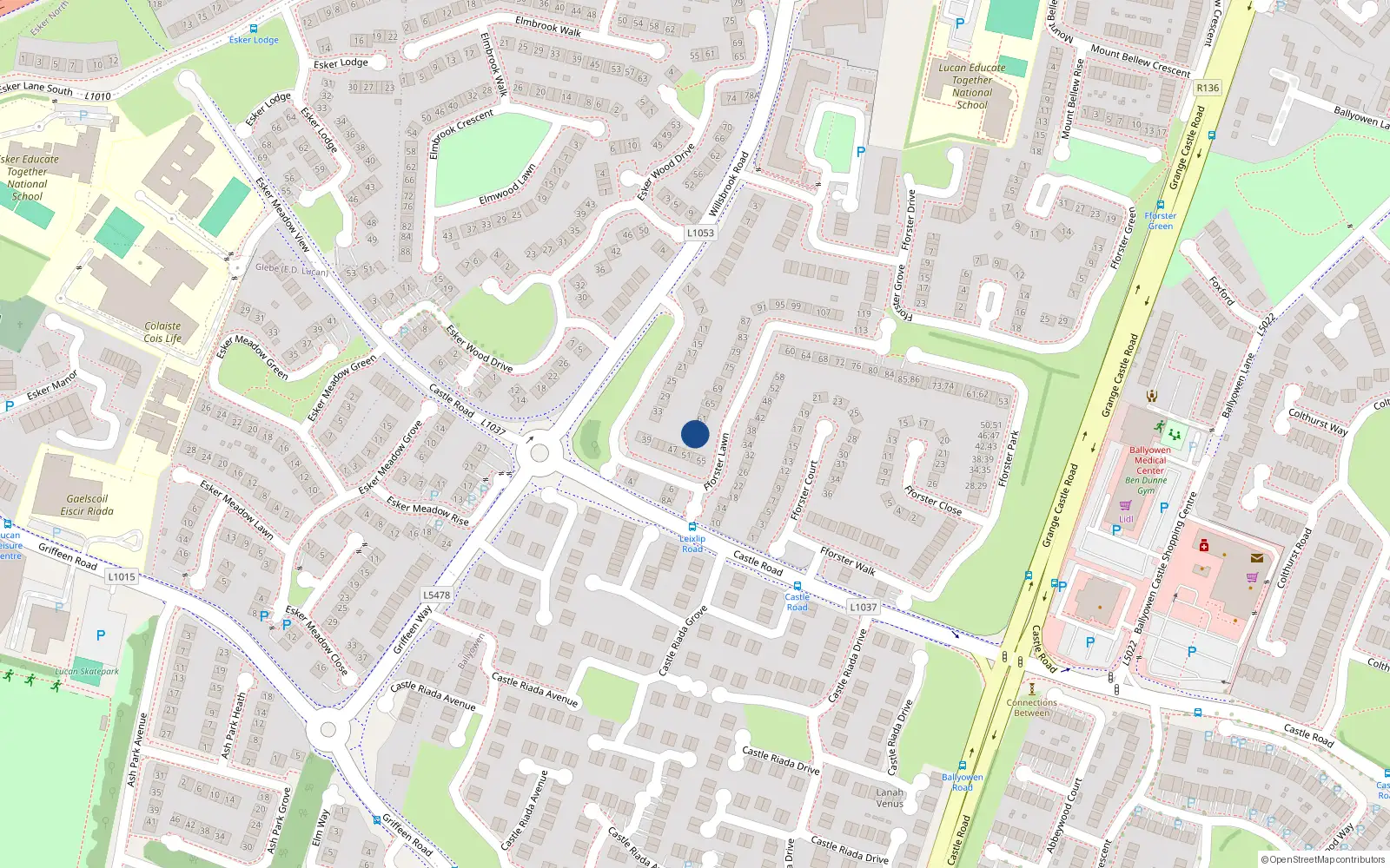 Overhead map showing the location of 57 Fforster Lawn, Ballydowd Manor, Lucan