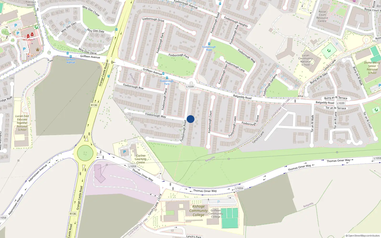 Overhead map showing the location of 57 Foxborough Road, Lucan, Dublin