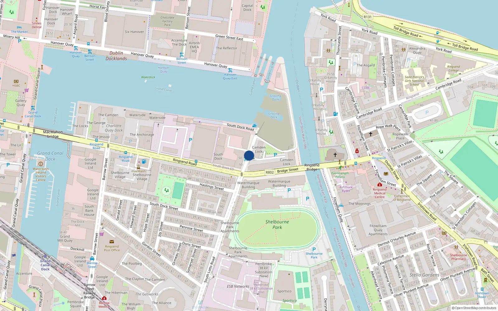 Overhead map showing the location of 57 Grand Canal Wharf, South Dock Road, Ballsbridge