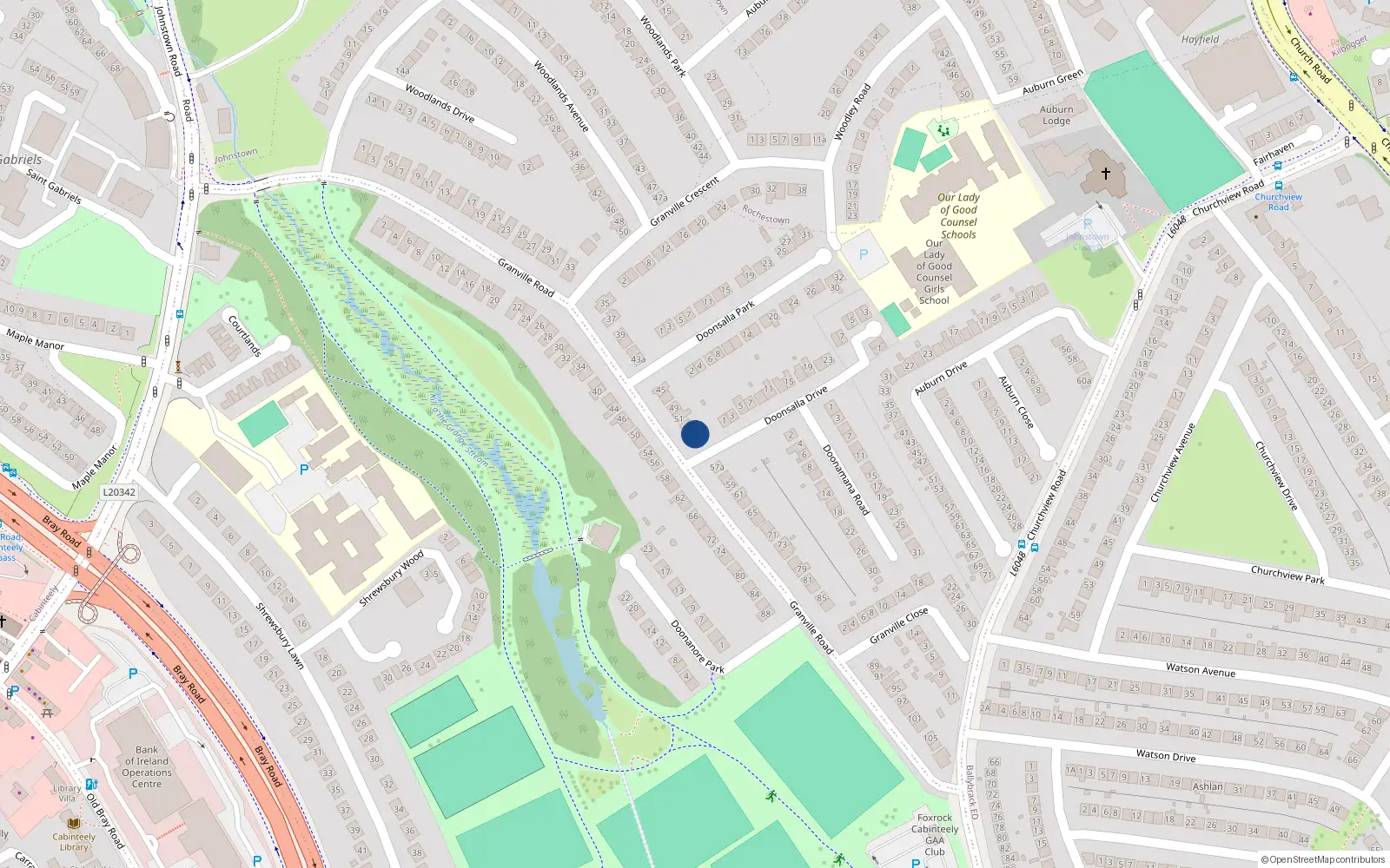 Overhead map showing the location of 57 Granville Road, Dun Laoghaire