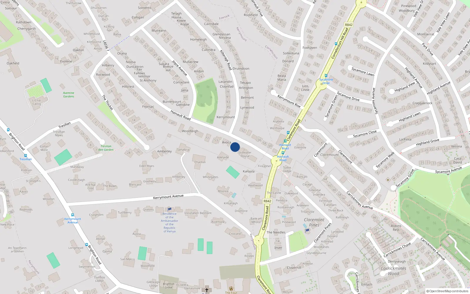 Overhead map showing the location of 57 Hainault Road, Dublin 18