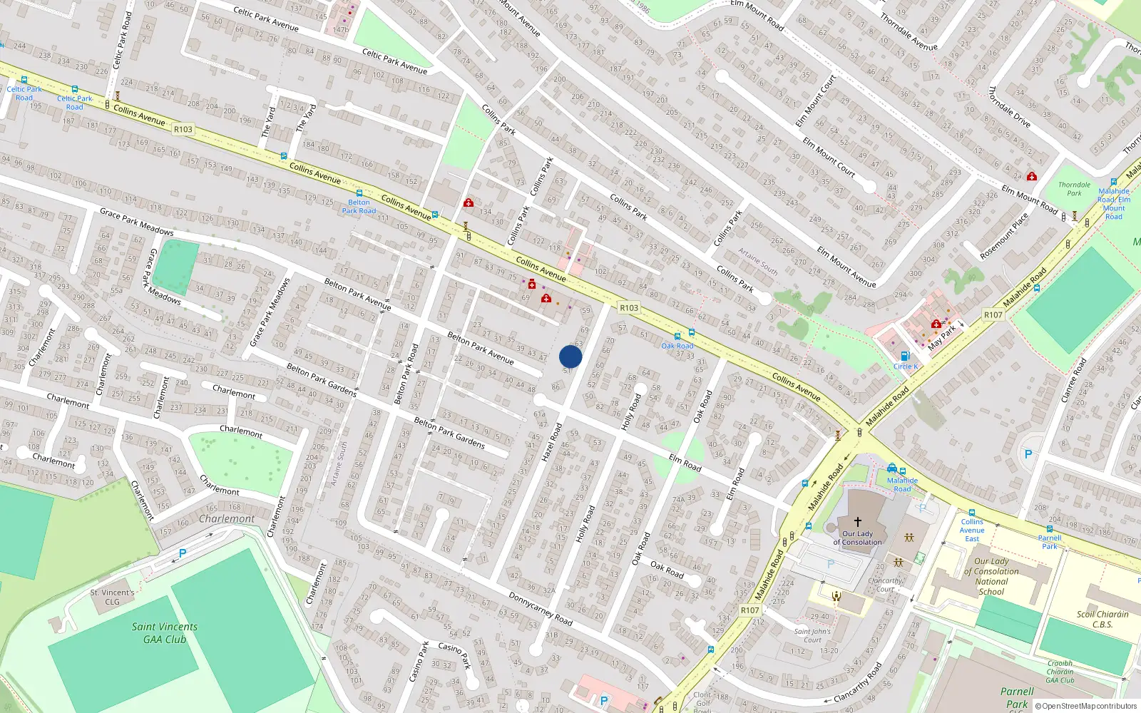 Overhead map showing the location of 57 Hazel Road, Dublin 9