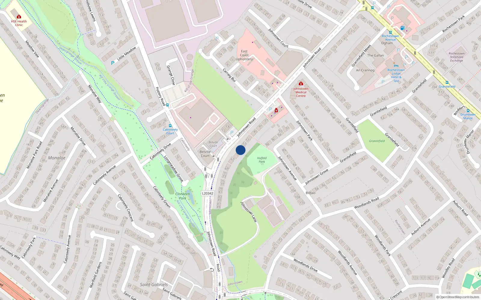 Overhead map showing the location of 57 Johnstown Road, Cabinteely