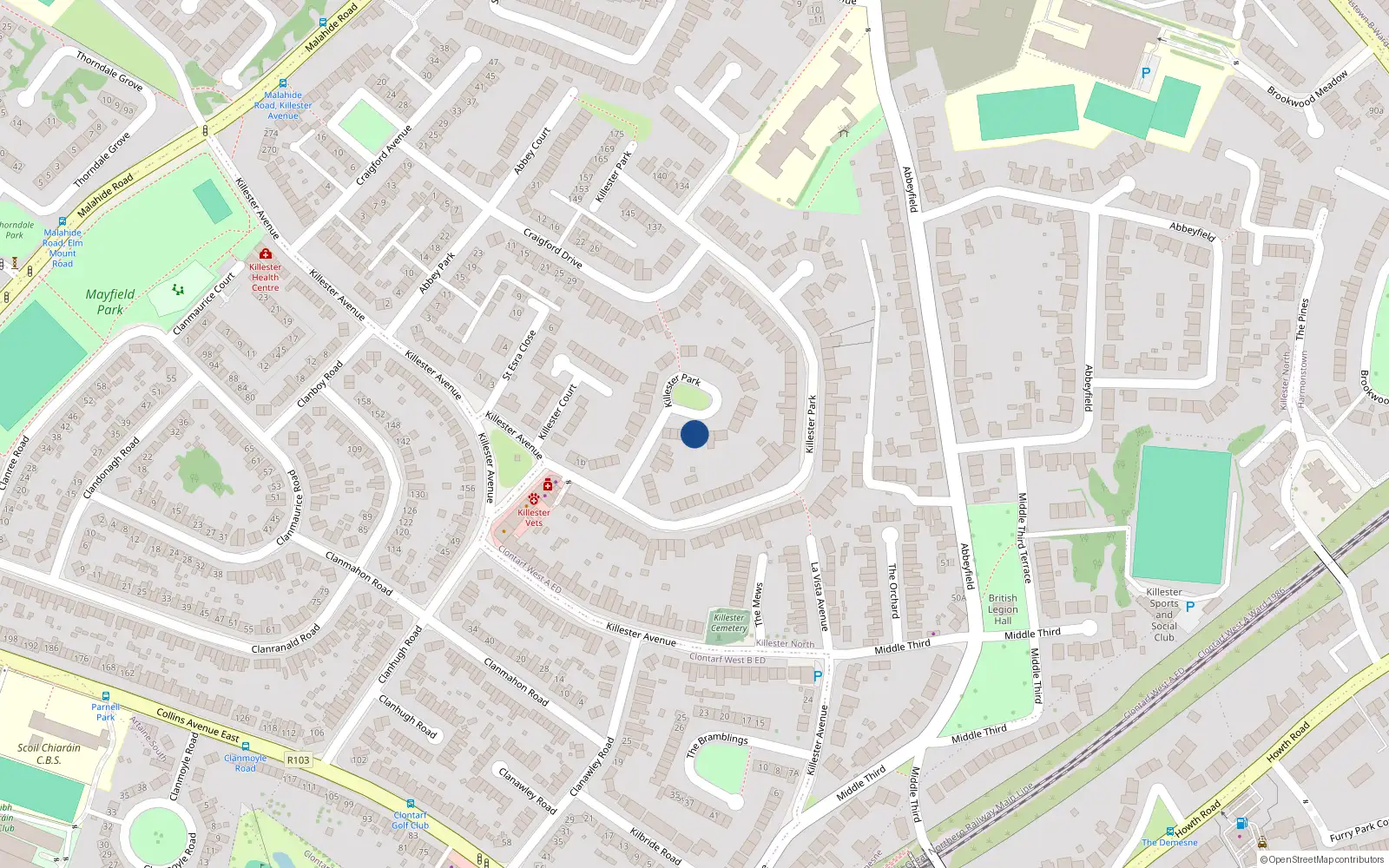 Overhead map showing the location of 57 Killester Park, Dublin 5