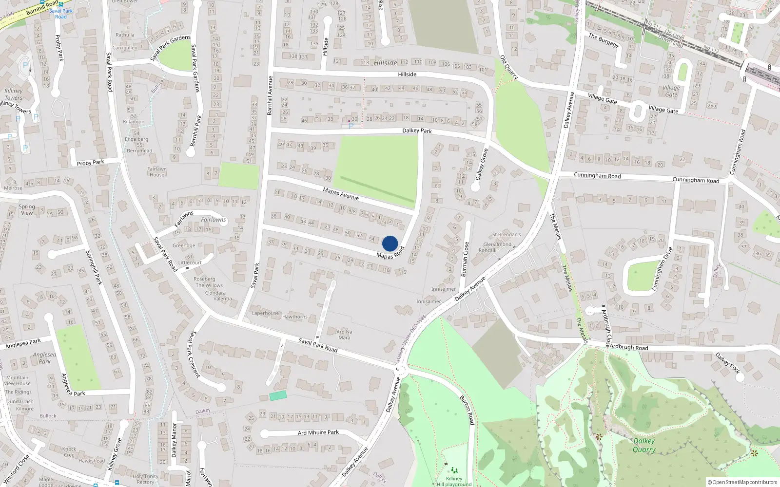 Overhead map showing the location of 57 Mapas Road, Dalkey