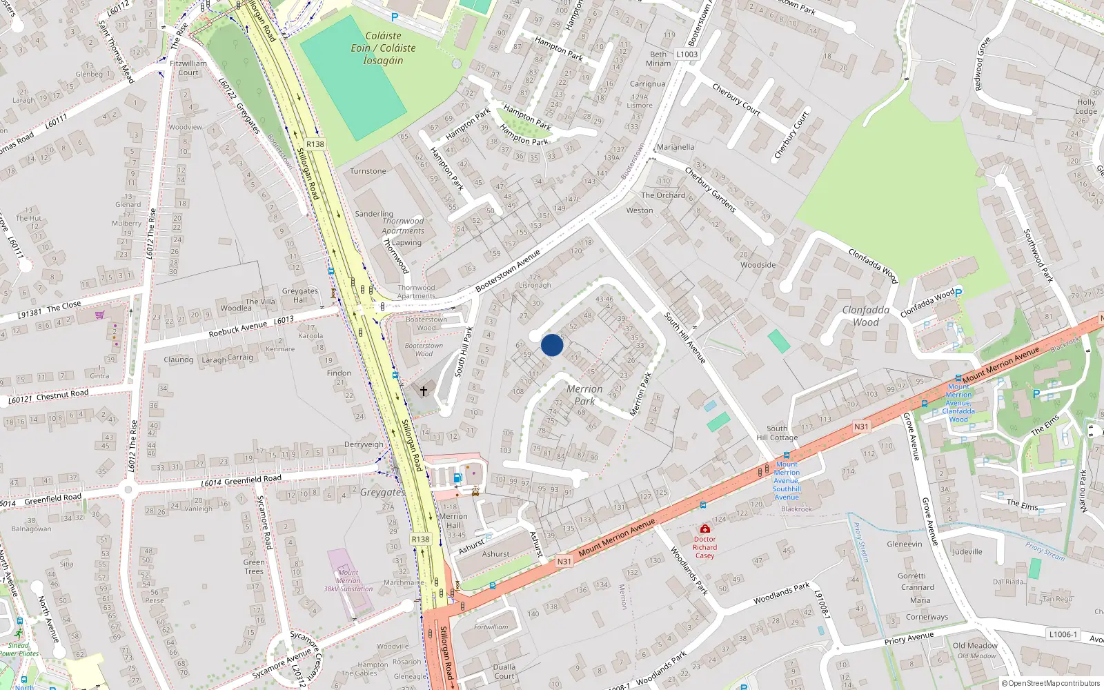 Overhead map showing the location of 57 Merrion Park, Blackrock, Dublin