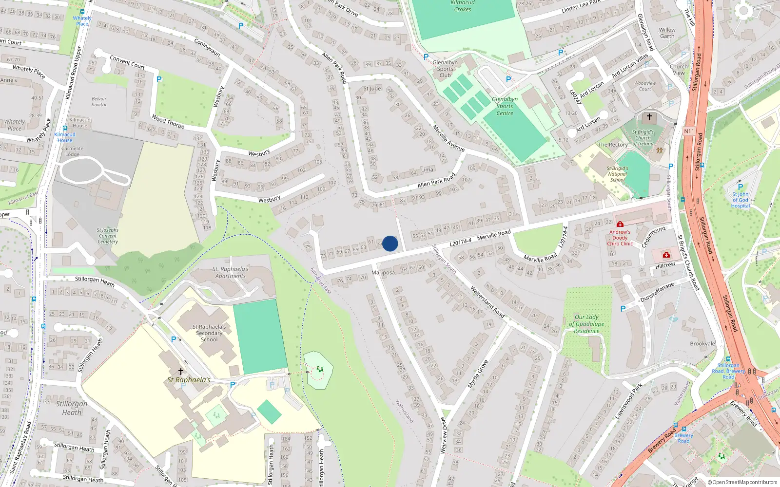 Overhead map showing the location of 57 Merville Road, Dublin