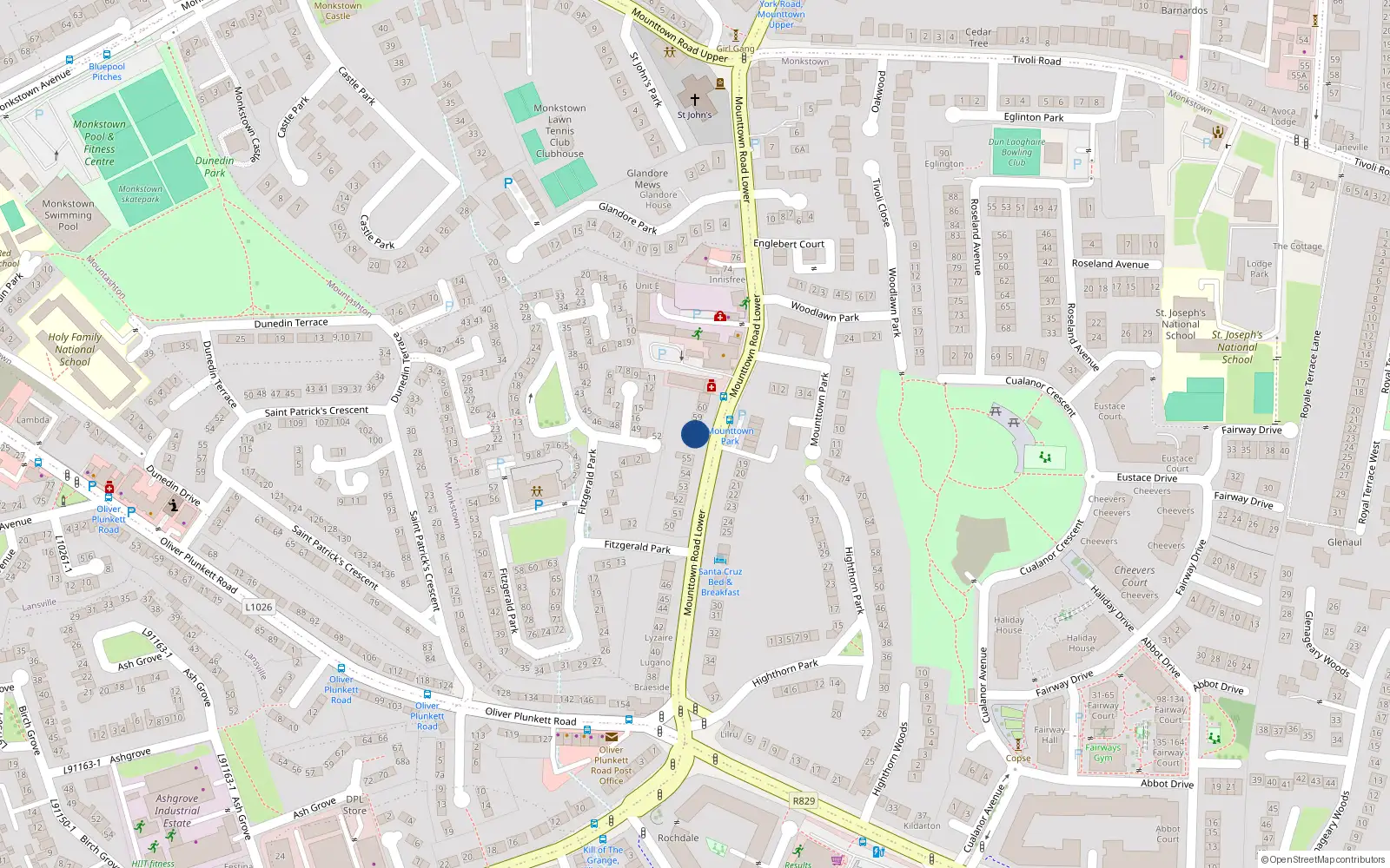 Overhead map showing the location of 57 Mounttown Road Lower, Glenageary, Co Dublin