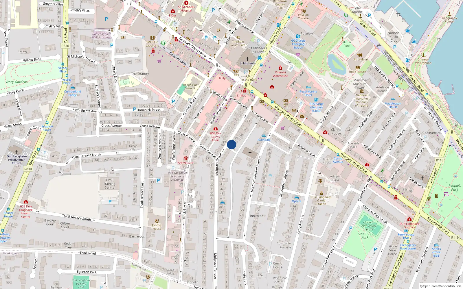 Overhead map showing the location of 57 Mulgrave St, Dun Laoghaire, Dublin