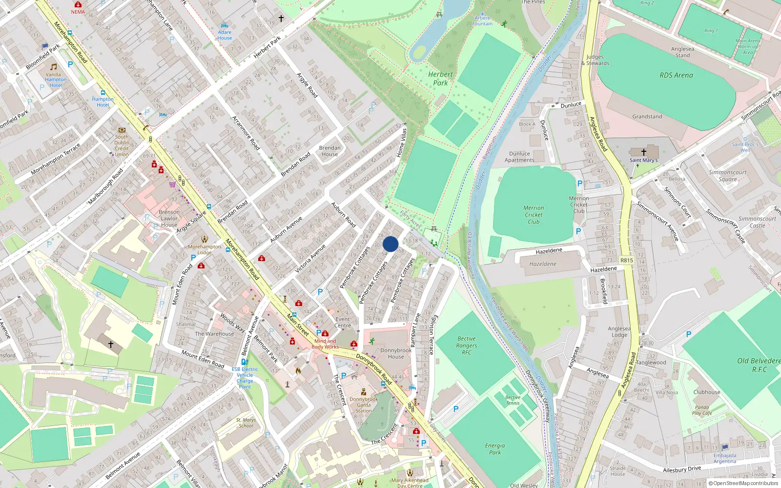 Overhead map showing the location of 57 Pembroke Cottages, Dublin 4
