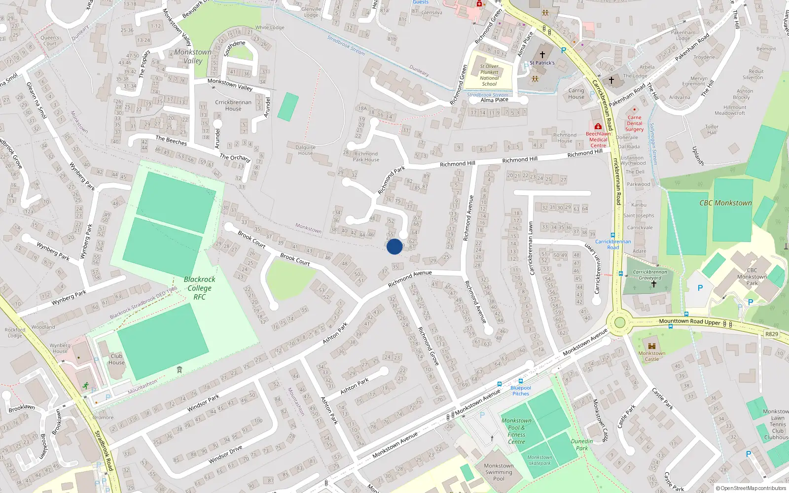 Overhead map showing the location of 57 Richmond Park, Monkstown, Dublin