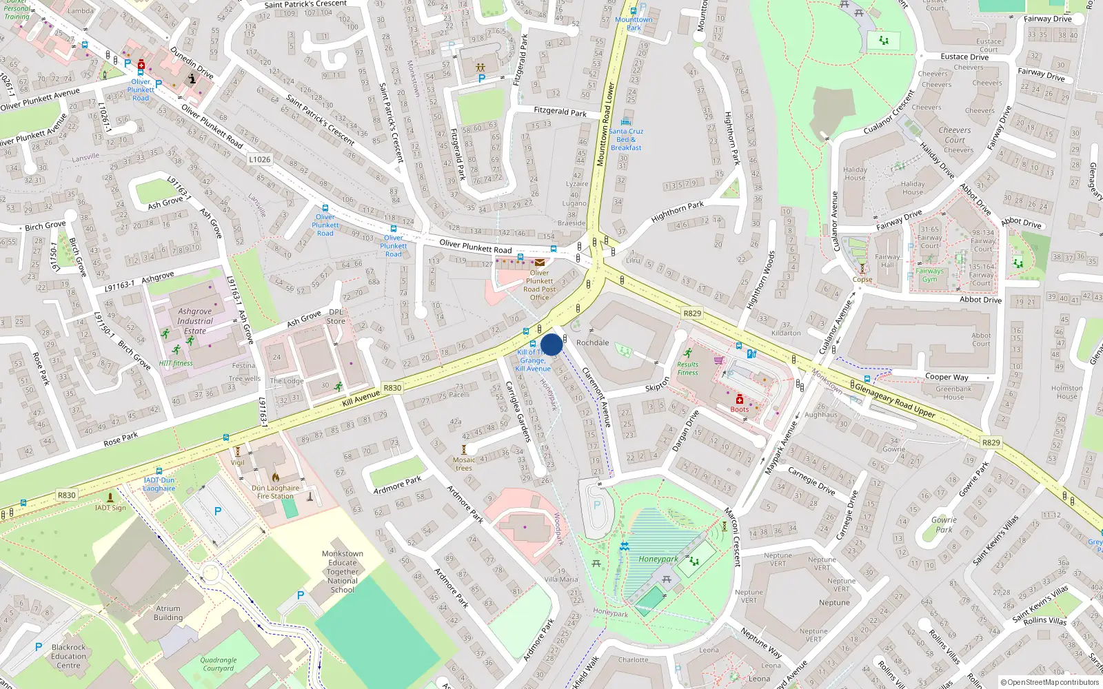 Overhead map showing the location of 57 Rochdale, Honeypark, Dun Laoghaire
