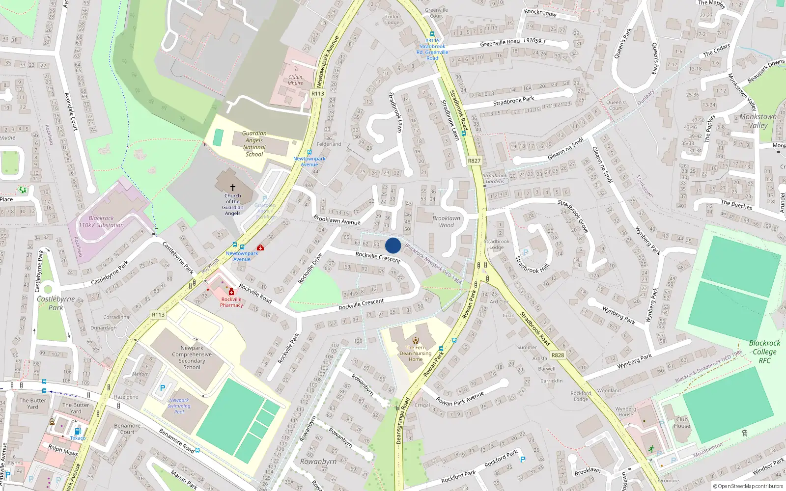 Overhead map showing the location of 57 Rockville Crescent, Blackrock